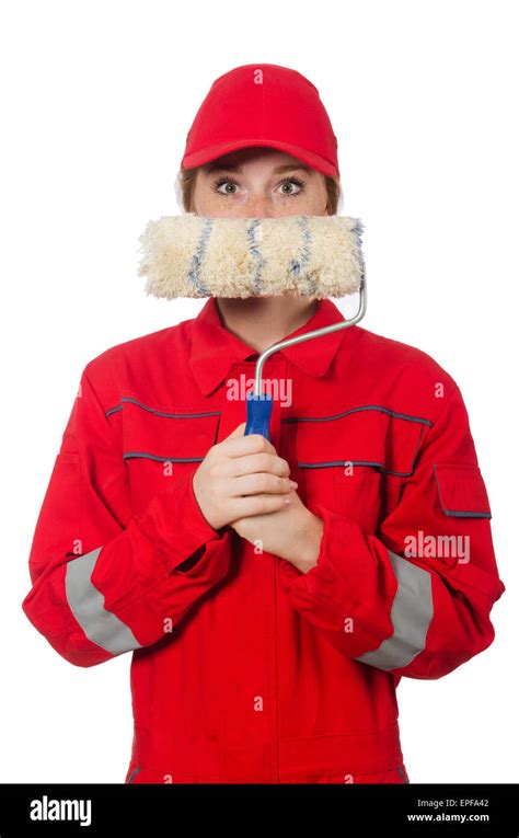 Woman painter in red coveralls isolated on the white Stock Photo - Alamy