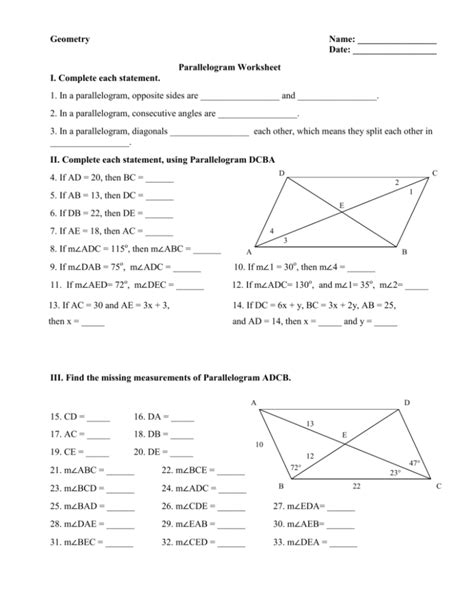 Solving Angles Of A Parallelogram Worksheet