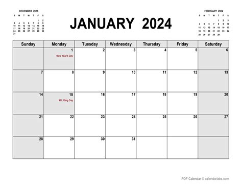 January 2024 Calendar with Holidays | CalendarLabs