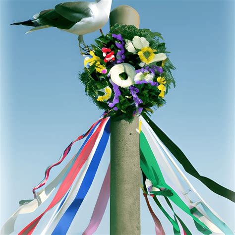 Maypole with Ribbons and Flowers and a Laughing Gull · Creative Fabrica