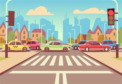 Premium Vector | Cartoon city crossroads with cars in traffic jam ...