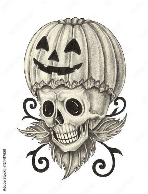 Skull pumpkin for Halloween day. Hand pencil drawing on paper. Stock ...