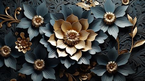 Premium AI Image | 3D illustration black and gold floral background with gold flower