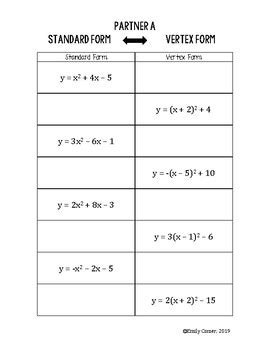 Converting Quadratic Equations Worksheet Standard To Vertex