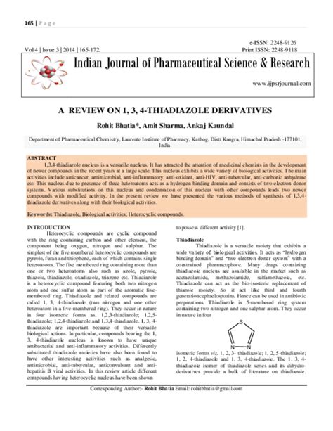 (PDF) A REVIEW ON 1, 3, 4-THIADIAZOLE DERIVATIVES | Amit Sharma ...