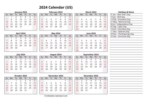 Download Editable Calendar Template 2024 With Us Holidays, weeks start ...