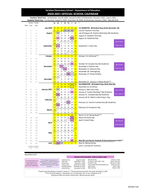 2020-2021 Official School Calendar – Parents – Ha'aheo Elementary School