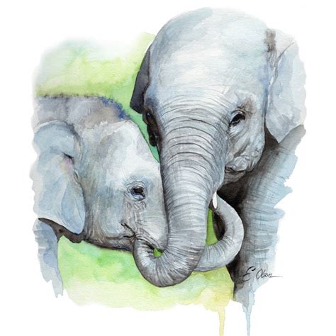 WATERCOLOR elephant Mom and baby elephant Nursery wall art | Etsy