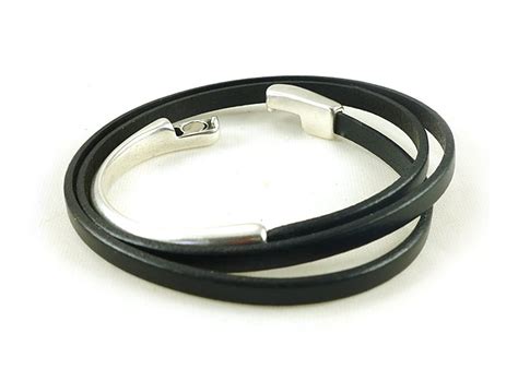 Black Leather Wrap Bracelet Mens Leather and Silver Cuff - Etsy