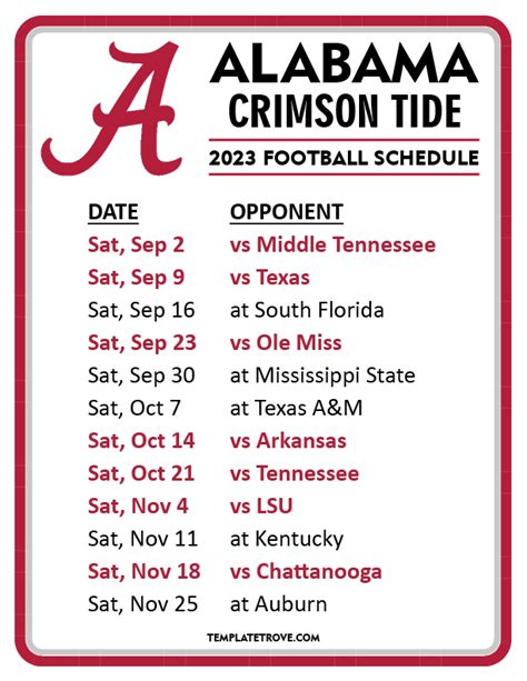 Printable 2023 Alabama Crimson Tide Football Schedule