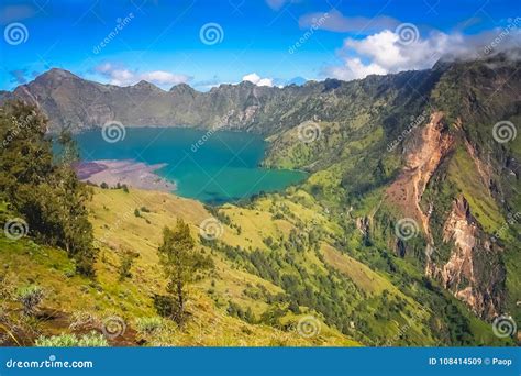 Gunung Rinjani Caldera Lake from Above Stock Image - Image of cloud ...