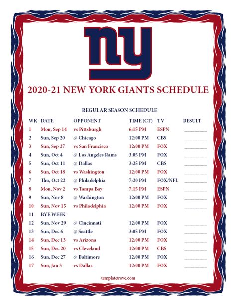 Printable 2020-2021 New York Giants Schedule