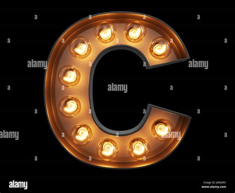 Light bulb glowing letter alphabet character C font. Front view illuminated capital symbol on ...