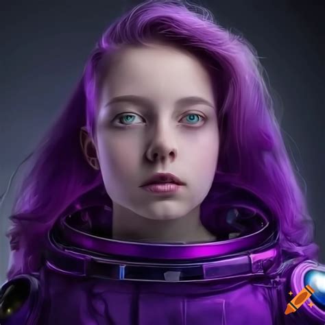 Cosplayer with purple hair and green eyes in a spacesuit on Craiyon