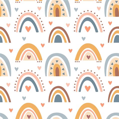 Hand drawn seamless pattern of cute boho rainbows pastel color isolated on white background ...