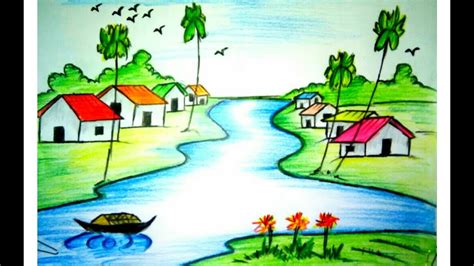 How to draw a village scenery of bangladesh 2017 - YouTube