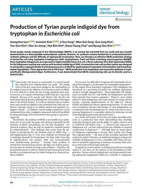 Production of Tyrian purple indigoid dye from tryptophan in Escherichia ...