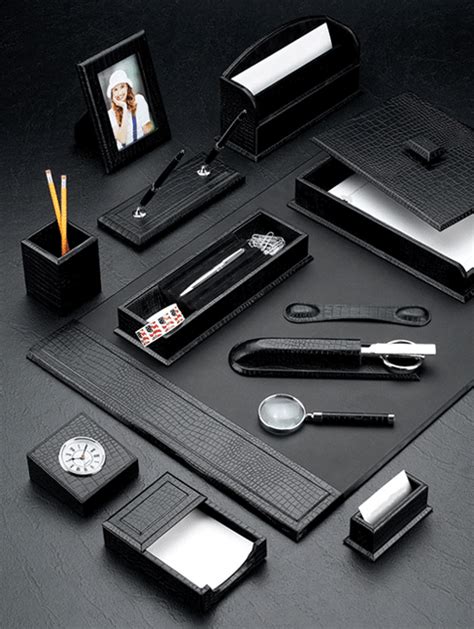 Black Croco Leather Desk Blotter and Accessories Set