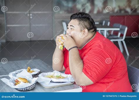 Greedy Obese Man Eating Fast Foods in Restaurant Stock Image - Image of ...