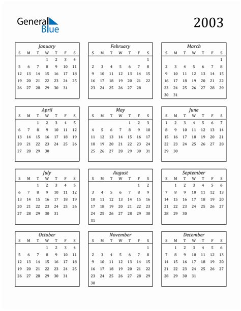 Free 2003 Calendars in PDF, Word, Excel