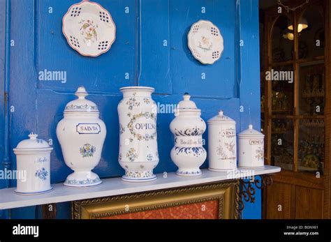 Souvenir shop with faience / pottery at Moustiers-Sainte-Marie, Alpes-de-Haute-Provence ...