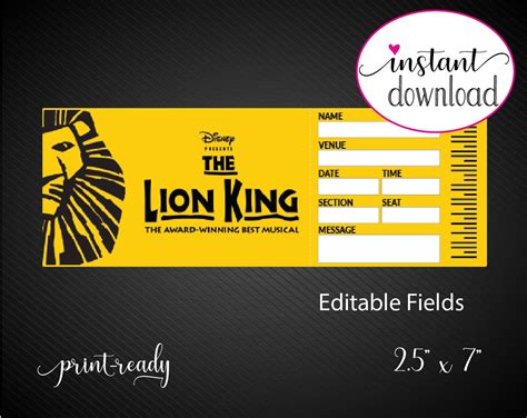 Printable LION KING Broadway Surprise Ticket. Editable Musical - Etsy UK