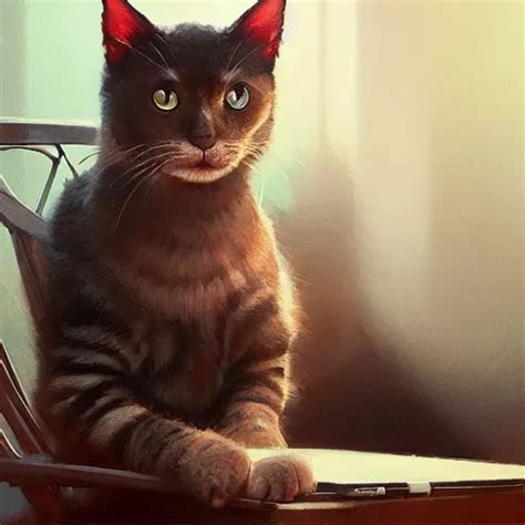 cat sitting in a chair using a laptop, painting, by | Stable Diffusion | OpenArt