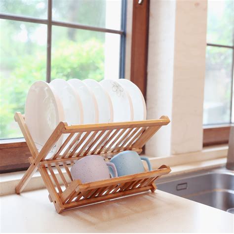 Folding Dish Rack 2 Levels Wood Dish Drying Rack plates drainer Natural Bamboo | eBay