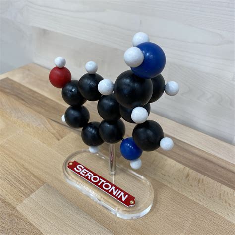 Wooden Serotonin Molecule Model on Plexiglass - Molecule Models