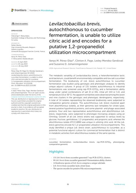 (PDF) Levilactobacillus brevis, autochthonous to cucumber fermentation ...