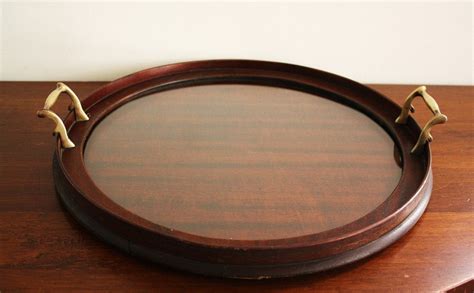 Vintage 1940's wooden round serving tray with brass