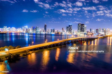 Aerial Miami Skyline Night Long Exposure In Miami Beach And Macarthur Causeway Stock Photo ...