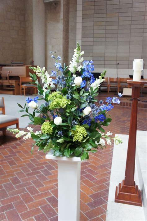 Blue altar arrangement Church Flowers, Ceremony Flowers, Altar Arrangement, Flower Arrangements ...