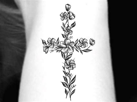 Cross Flower Temporary Tattoo / small floral cross tattoo 2