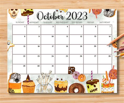 EDITABLE October 2024 Calendar, Spooky Halloween With Cute Sweet Desserts, Printable Monthly ...