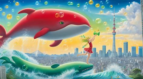 Enchanting Fairy and Red Whale in Tokyo Skyline Painting | MUSE AI