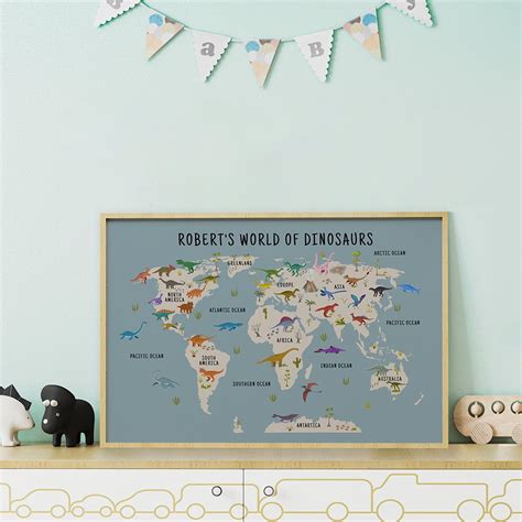 Personalized Dinosaur World Map Wall Art Kids Educational Poster Print - CALLIE