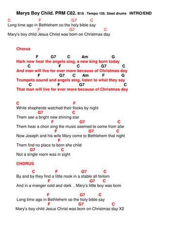 Chords. Lyrics ' Mary's boy child' | Teaching Resources