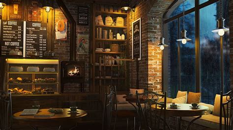 Cozy Coffee Shop Ambience with Relaxing Jazz Music, Rain Sounds and Crackling Fireplace, cozy ...