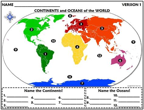 Continents And Oceans Of The World Worksheet