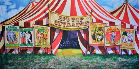 Printed circus backdrop with a red and white big top tent. Entrance to ...