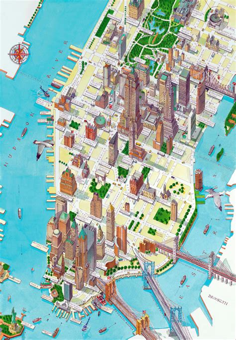 Large detailed panoramic drawing map of Lower Manhattan, NYC | New York ...