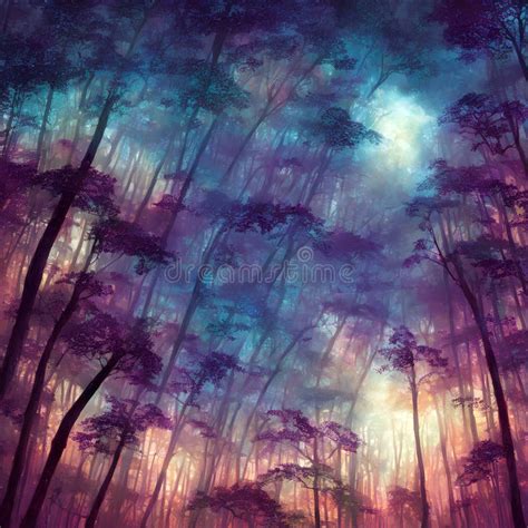 Fiery Sunset in a Foggy Bluish Forest AI Generated Digital Art Stock Illustration - Illustration ...