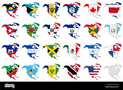 American set: Volume 3d Flags of the North America countries on continent outlines background ...