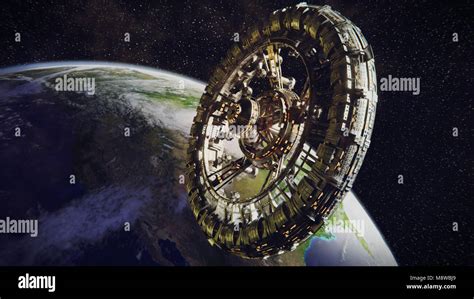 artificial gravity space station in orbit of planet Earth (3d science fiction render, elements ...