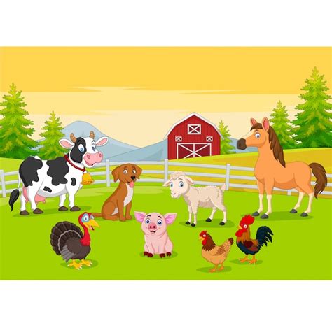 Dibujos animados de animales de granja en el fondo agrícola | Vector Premium