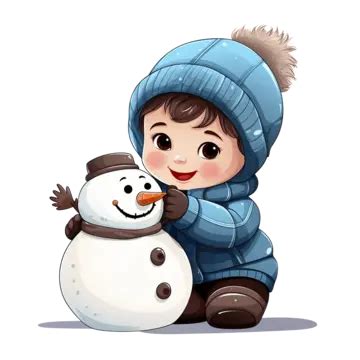 Frosty Fun Cute Baby Clip Art Building Snowman In Puffy Jacket, Baby Clipart, Cartoon Character ...