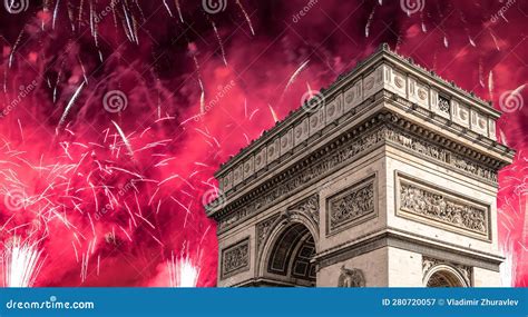 Celebratory Colorful Fireworks Over the Arc De Triomphe, Paris, France ...