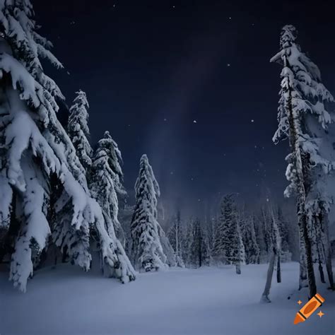 Nighttime snowy forest in northern europe on Craiyon