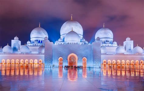 Wallpaper the evening, lighting, mosque, UAE, dome, The Sheikh Zayed Grand mosque, Abu Dhabi ...